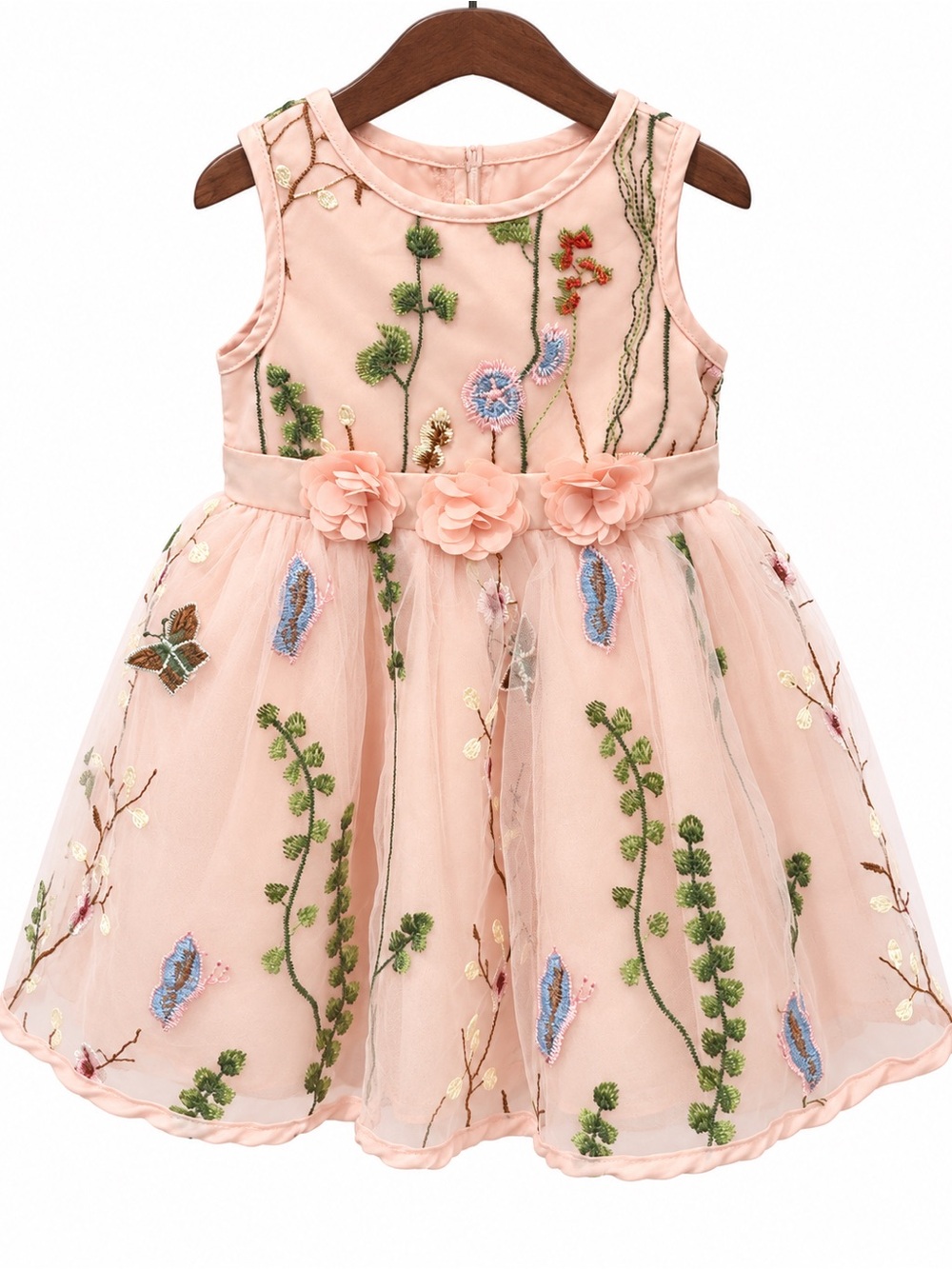 Adrianna Papell Pink Embroidered Floral Tulle Dress with Rosette Waist